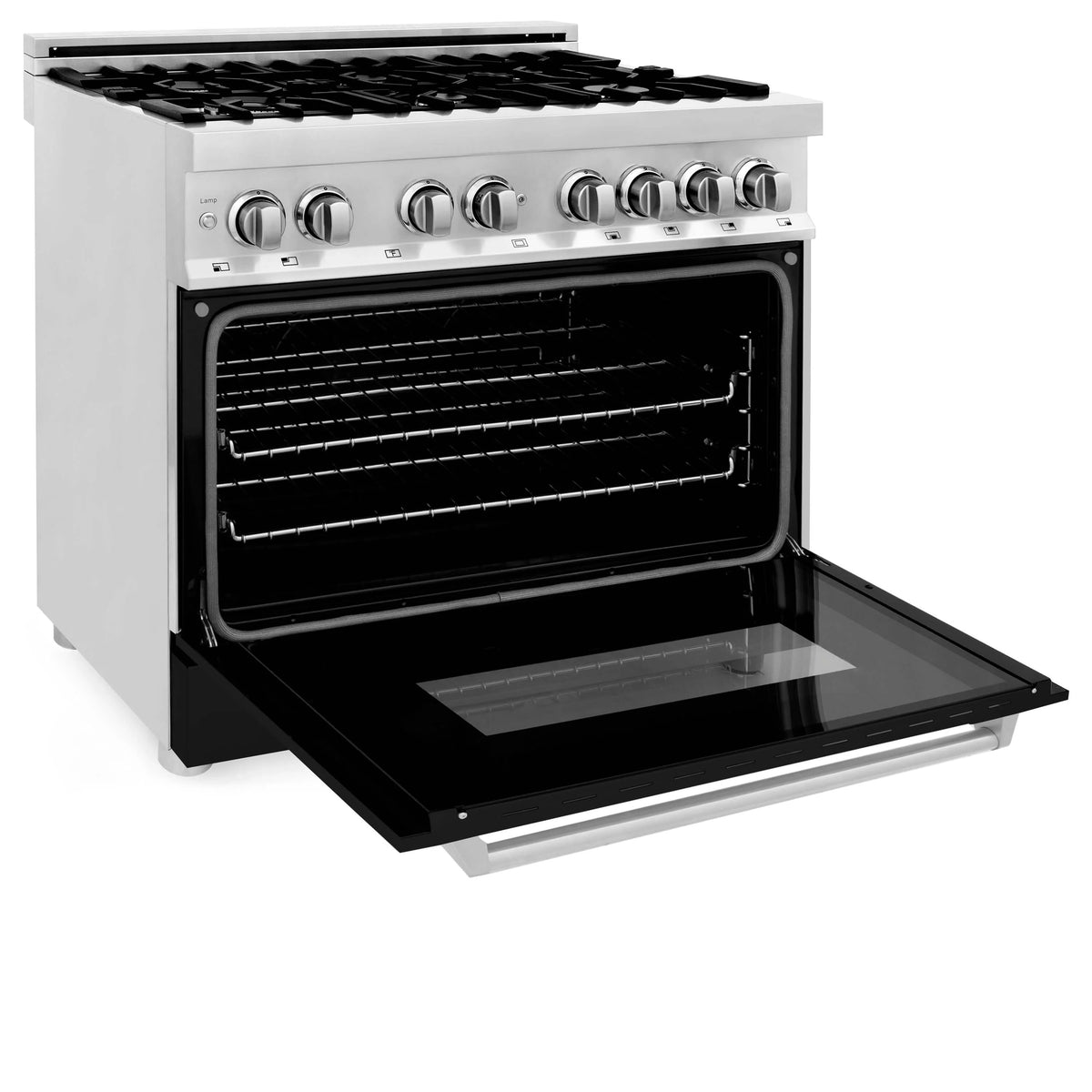 ZLINE - 36&quot; Kitchen Package with Stainless Steel Dual Fuel Range with Black Matte Door and Convertible Vent Range Hood (2KP-RABLMRH36)