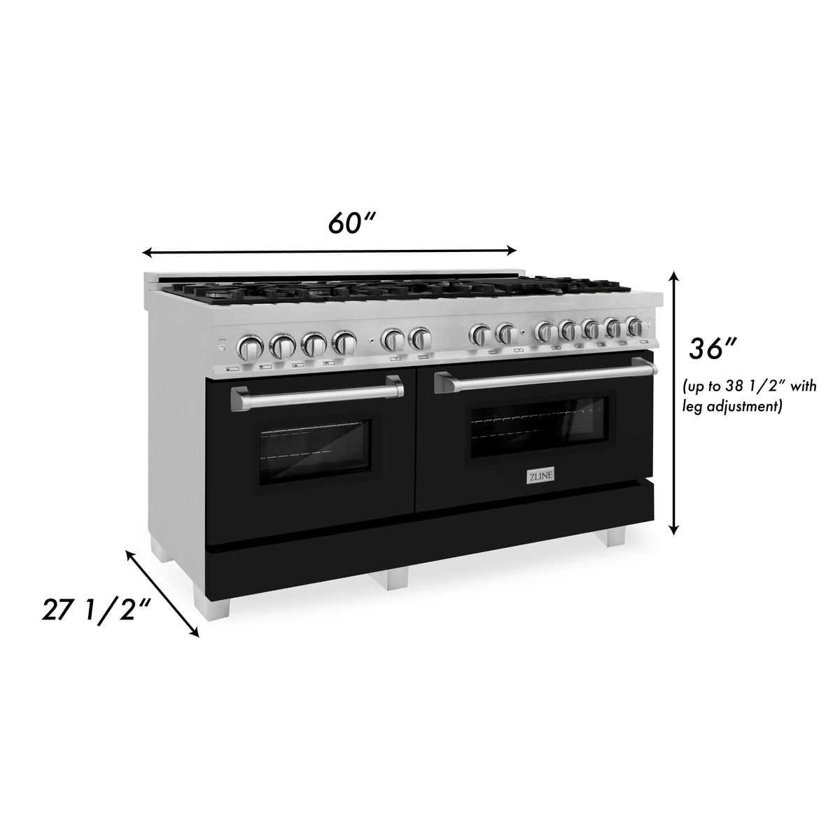 ZLINE - 60&quot; 7.4 cu. ft. Dual Fuel Range with Gas Stove and Electric Oven in Fingerprint Resistant Stainless Steel and Black Matte Doors (RAS-BLM-60)
