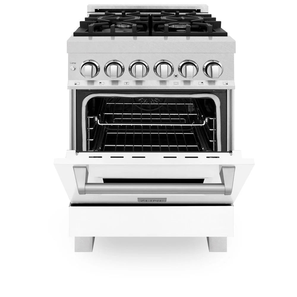 ZLINE - 24 in. 2.8 cu. ft. Legacy Dual Fuel Range with 4 Burner Gas Cooktop and Electric Convection Oven in Satin Stainless Steel and White Matte Door