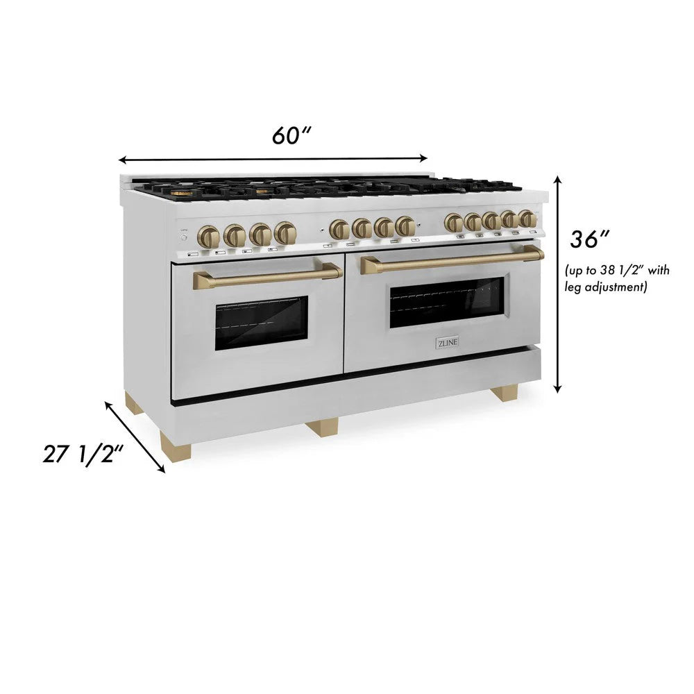 ZLINE - Autograph Edition 60 in. 7.4 cu. ft. Legacy Dual Fuel Range with 9 Burner Gas Cooktop and 2 Electric Convection Ovens in Stainless Steel and Champagne Bronze Accents