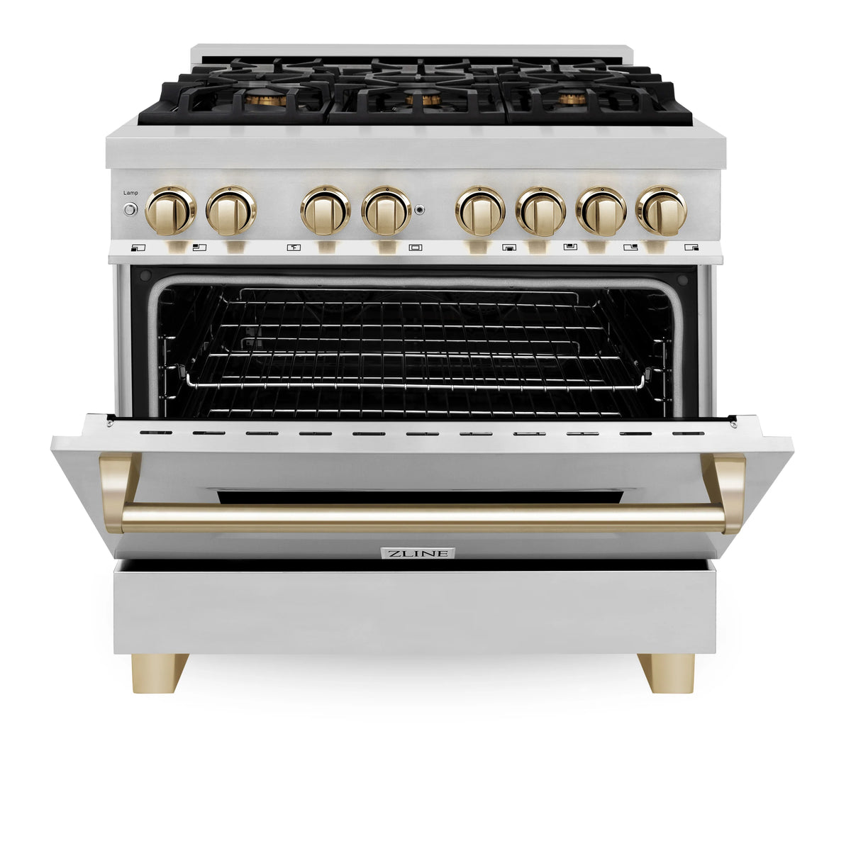 ZLINE - Autograph Edition 36&quot; 4.6 cu. ft. Dual Fuel Range with Gas Stove and Electric Oven in Stainless Steel with Gold Accents (RAZ-36-G)