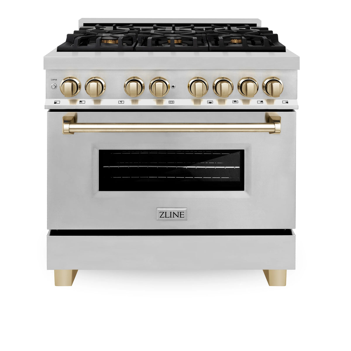 ZLINE - 36&quot; Autograph Edition Kitchen Package with Stainless Steel Dual Fuel Range, Range Hood, Dishwasher and Refrigeration with Gold Accents