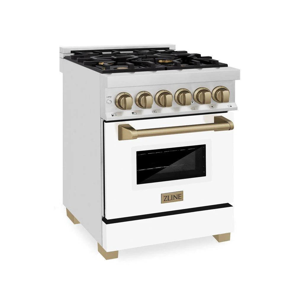 ZLINE - Autograph Edition 24 in. 2.8 cu. ft. Legacy Dual Fuel Range with 4 Burner Gas Cooktop and Electric Convection Oven in Stainless Steel with White Matte Door and Champagne Bronze Accents