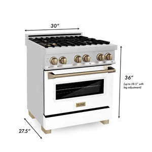 ZLINE - 30 in. Autograph Edition Kitchen Package with Stainless Steel Dual Fuel Range with White Matte Door, Range Hood and Dishwasher with Champagne Bronze Accents
