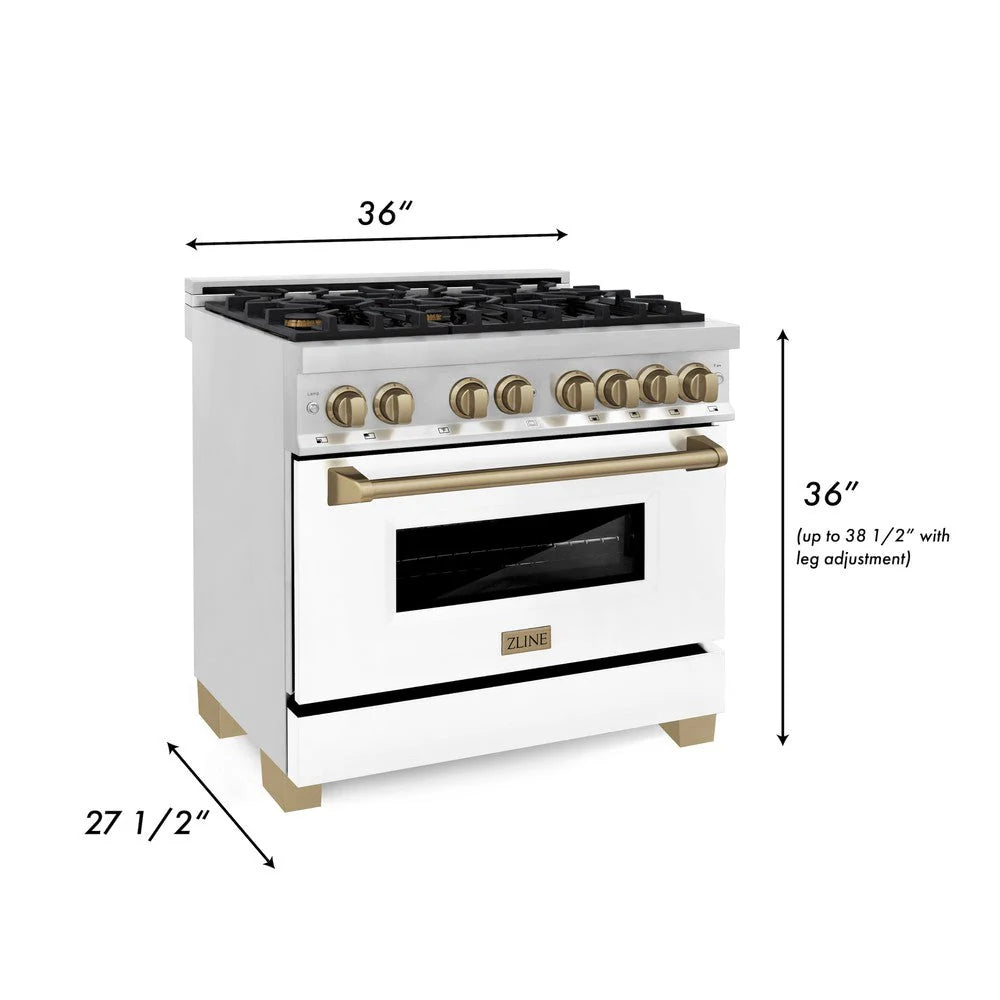 ZLINE - Autograph Edition 36 in. 4.6 cu. ft. Legacy Dual Fuel Range with 6 Burner Gas Cooktop and Electric Convection Oven in Stainless Steel with White Matte Door and Champagne Bronze Accents