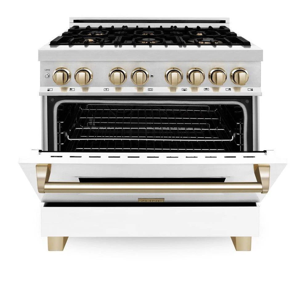 ZLINE - Autograph Edition 36 in. 4.6 cu. ft. Legacy Dual Fuel Range with 6 Burner Gas Cooktop and Electric Convection Oven in Stainless Steel with White Matte Door and Polished Gold Accents