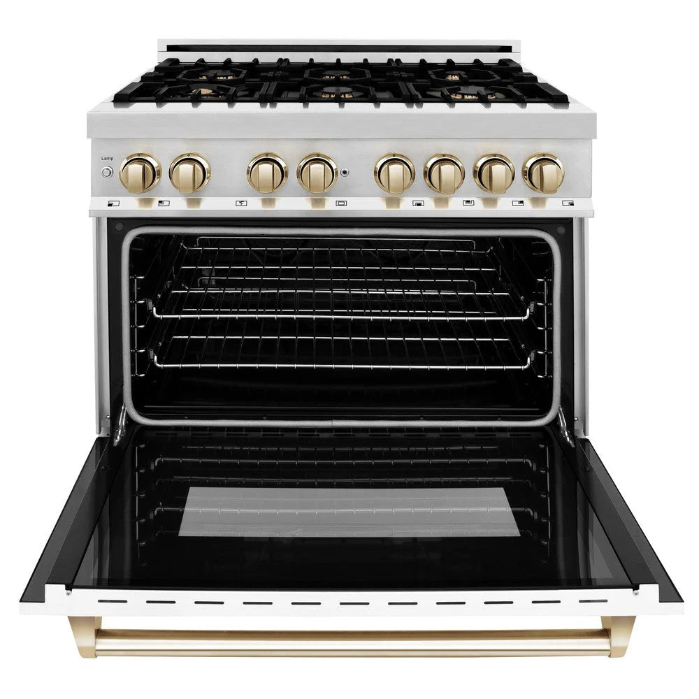 ZLINE - Autograph Edition 36 in. 4.6 cu. ft. Legacy Dual Fuel Range with 6 Burner Gas Cooktop and Electric Convection Oven in Stainless Steel with White Matte Door and Polished Gold Accents