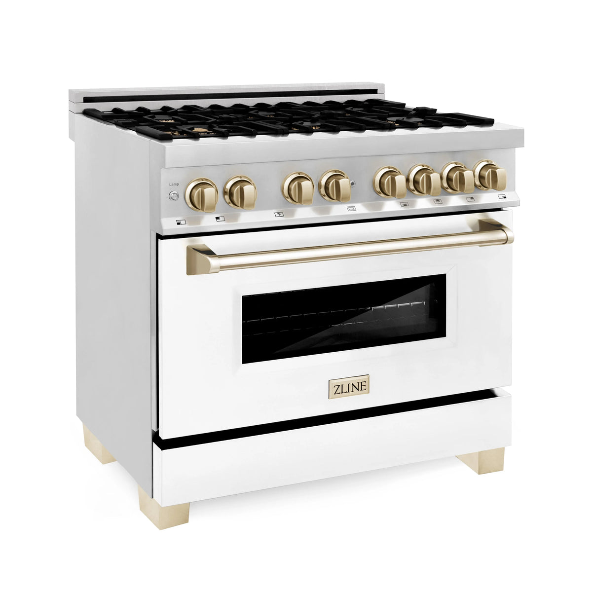 ZLINE - 36&quot; Autograph Edition Kitchen Package with Stainless Steel Dual Fuel Range with White Matte Door, Range Hood and Dishwasher with Polished Gold Accents