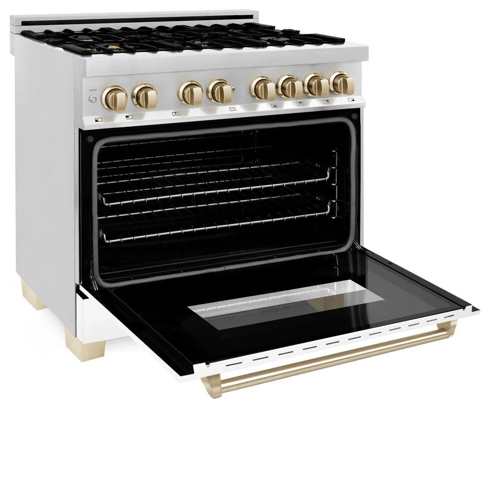 ZLINE - Autograph Edition 36 in. 4.6 cu. ft. Legacy Dual Fuel Range with 6 Burner Gas Cooktop and Electric Convection Oven in Stainless Steel with White Matte Door and Polished Gold Accents