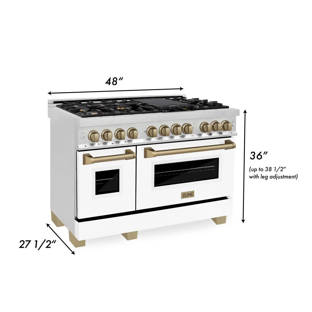 ZLINE - Autograph Edition 48 in. 6.0 cu. ft. Legacy Dual Fuel Range with 7 Burner Gas Cooktop and 2 Electric Ovens in Stainless Steel with White Matte Doors and Champagne Bronze Accents