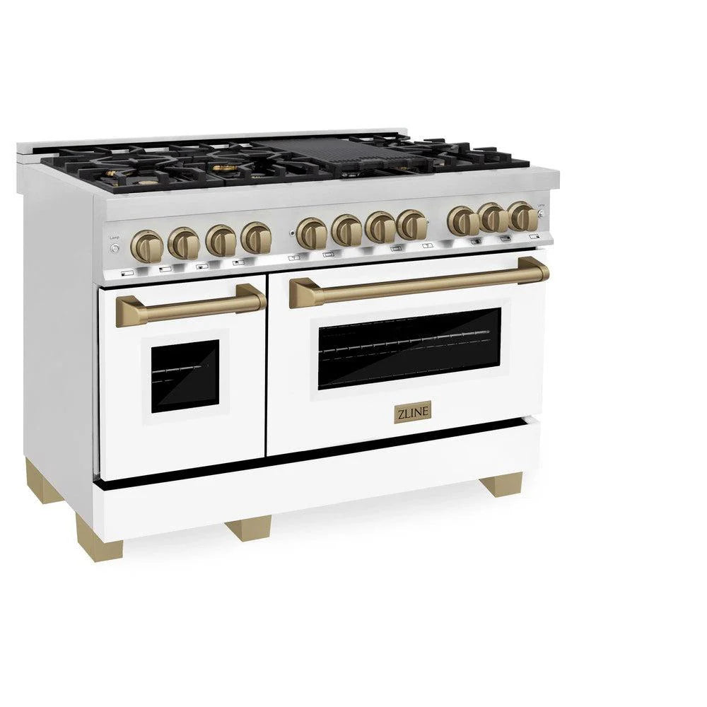 ZLINE - Autograph Edition 48 in. 6.0 cu. ft. Legacy Dual Fuel Range with 7 Burner Gas Cooktop and 2 Electric Ovens in Stainless Steel with White Matte Doors and Champagne Bronze Accents