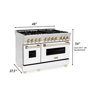 ZLINE - 48" Autograph Edition Kitchen Package with Stainless Steel Dual Fuel Range with White Matte Door and Range Hood with Gold Accents