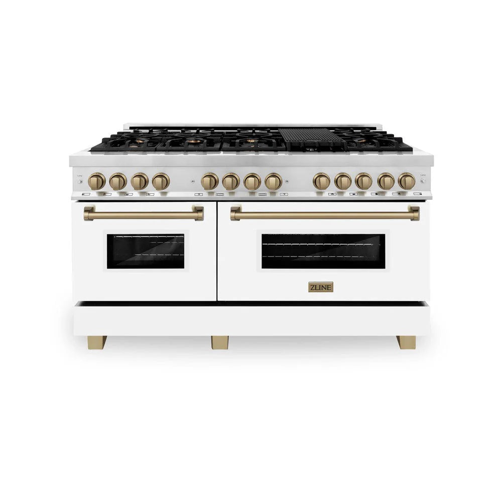ZLINE - Autograph Edition 60 in. 7.4 cu. ft. Legacy Dual Fuel Range with 9 Burner Gas Cooktop and 2 Electric Convection Ovens in Stainless Steel with White Matte Doors and Champagne Bronze Accents