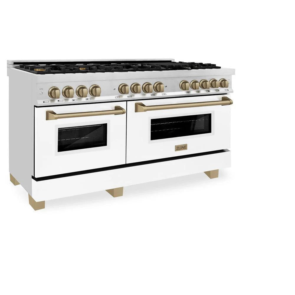 ZLINE - Autograph Edition 60 in. 7.4 cu. ft. Legacy Dual Fuel Range with 9 Burner Gas Cooktop and 2 Electric Convection Ovens in Stainless Steel with White Matte Doors and Champagne Bronze Accents