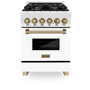 ZLINE - Autograph Edition 24 in. 2.8 cu. ft. Legacy Dual Fuel Range with 4 Burner Gas Cooktop and Electric Convection Oven in Stainless Steel with White Matte Door and Champagne Bronze Accents
