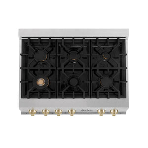 ZLINE - Autograph Edition 36 in. Legacy Gas Rangetop with 6 Burners and Porcelain Cooktop in Satin Stainless Steel with Polished Gold Accents