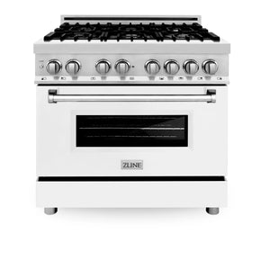 ZLINE 36" 4.6 cu. ft. Electric Oven and Gas Cooktop Dual Fuel Range with Griddle, White Matte Door in Fingerprint Resistant Stainless