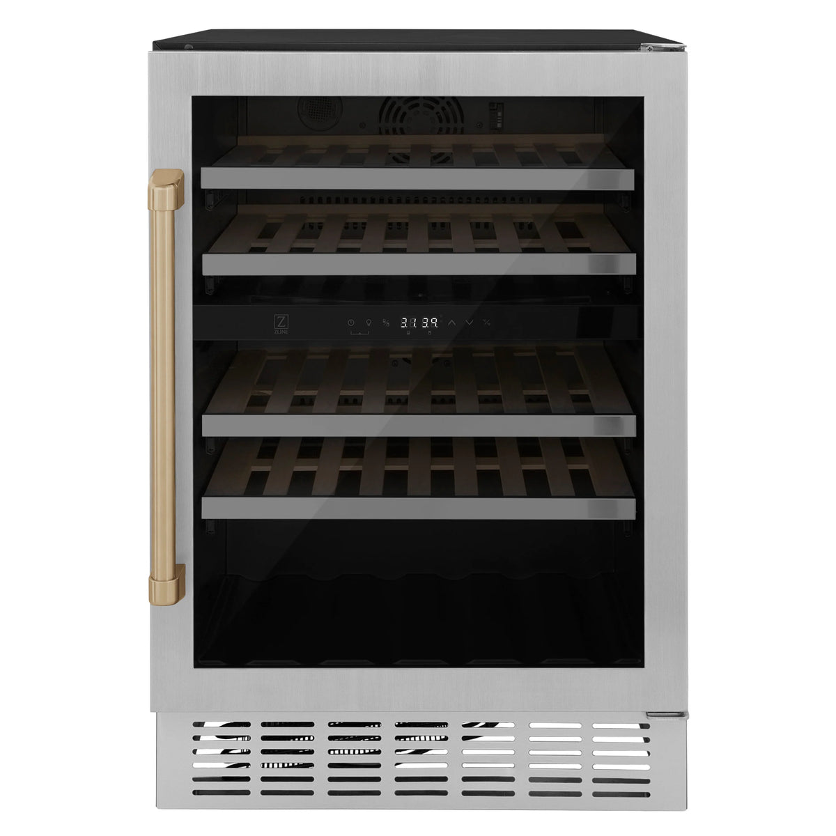 ZLINE 24&quot; Monument Autograph Edition Dual Zone 44-Bottle Wine Cooler in Stainless Steel with Champagne Bronze Accents (RWVZ-UD-24-CB)