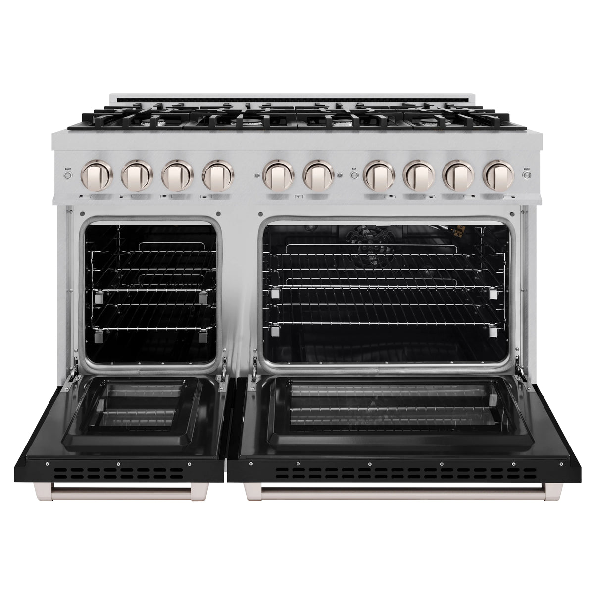 ZLINE - 48 in. 6.7 cu. ft. Select Double Oven Gas Range with 8 Burner Cooktop in Satin Stainless Steel with Black Matte Doors