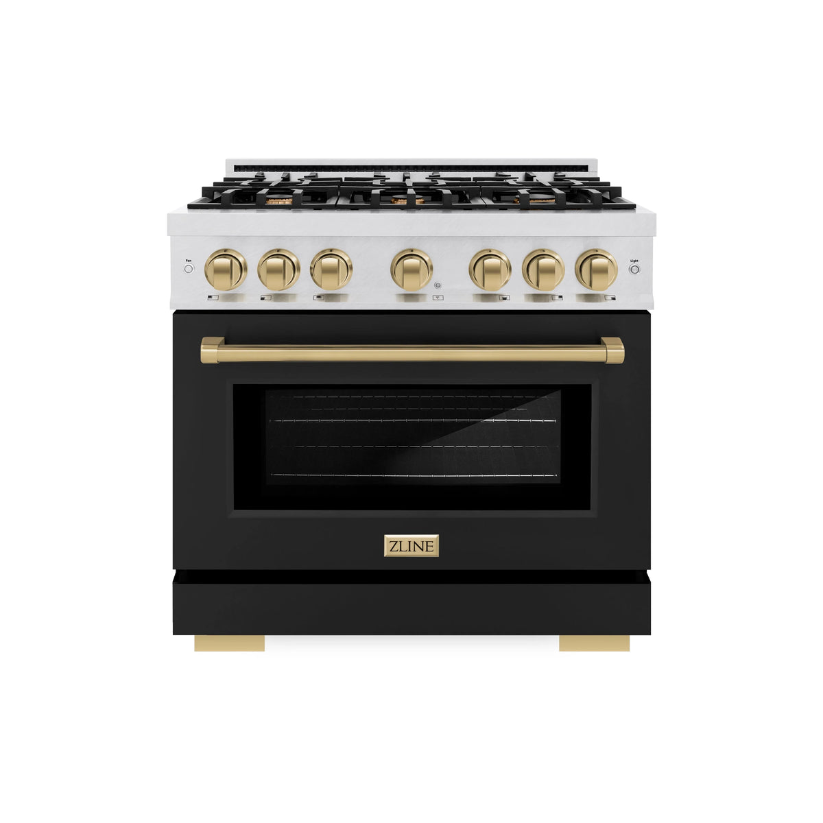 ZLINE - Autograph Edition 36 in. 5.2 cu. ft. Select Dual Fuel Range with 6 Burner Gas Cooktop and Electric Convection Oven in Satin Stainless Steel with Black Matte Door and Champagne Bronze Accents