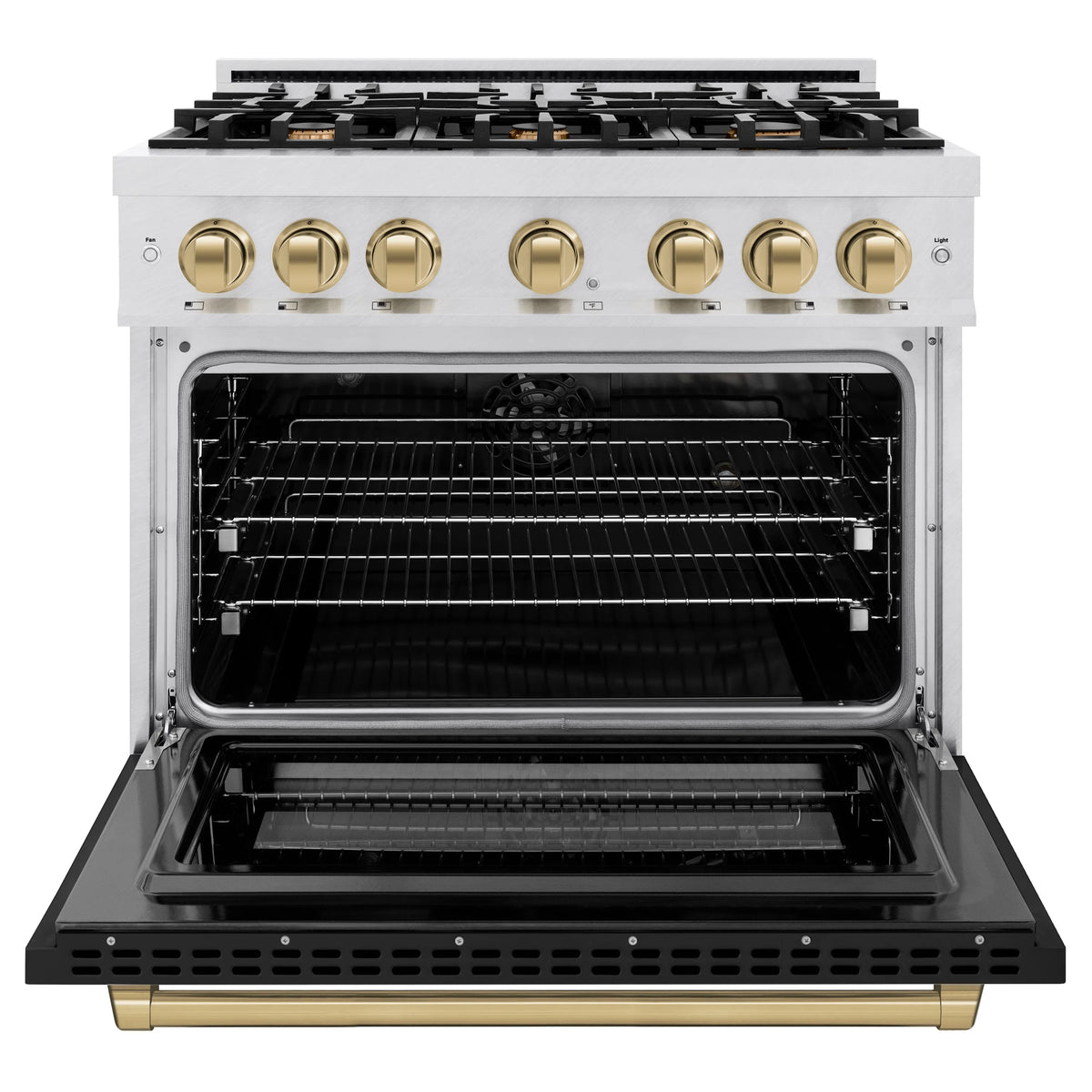 ZLINE - Autograph Edition 36 in. 5.2 cu. ft. Select Dual Fuel Range with 6 Burner Gas Cooktop and Electric Convection Oven in Satin Stainless Steel with Black Matte Door and Champagne Bronze Accents