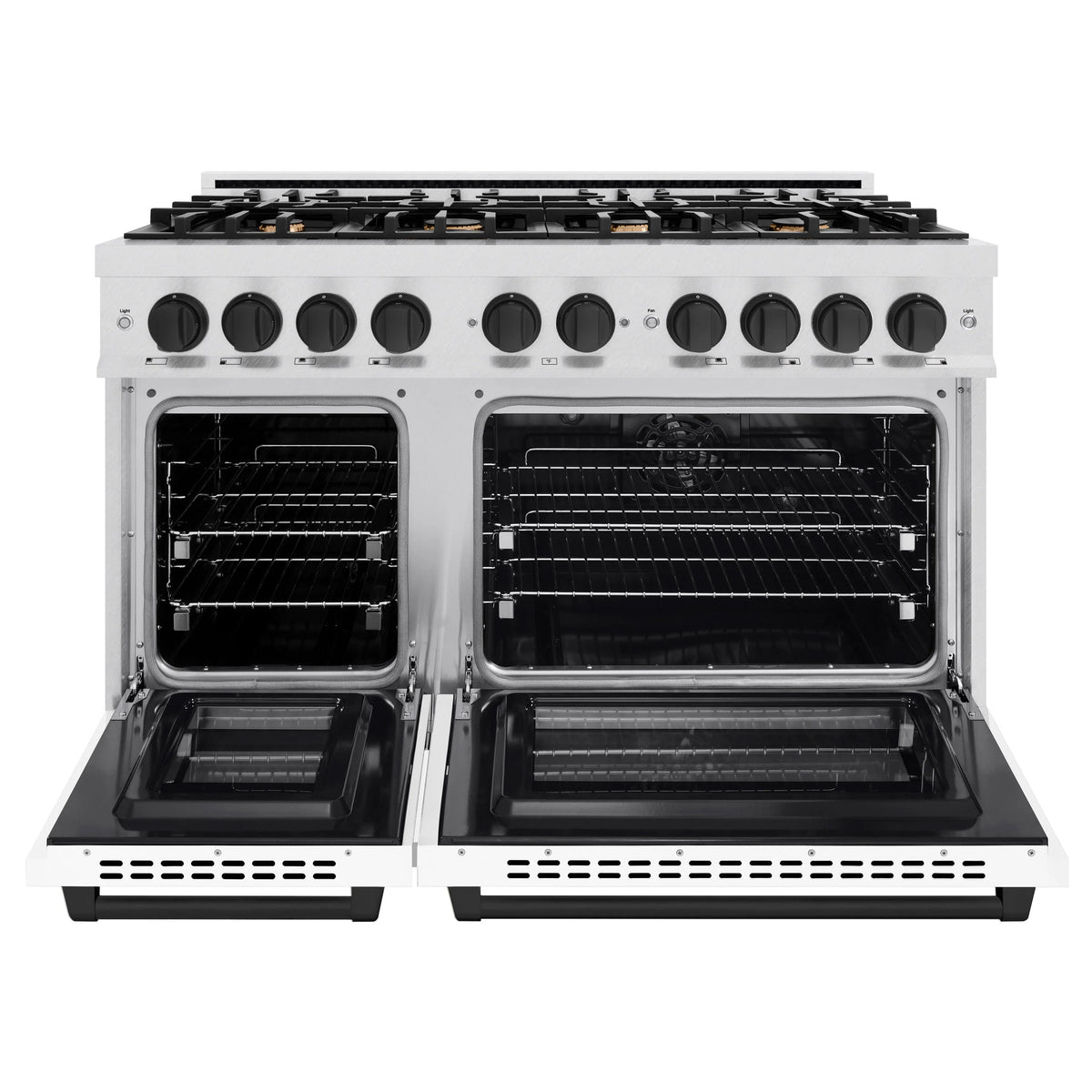 ZLINE - Autograph Edition 48 in. 6.7 cu. ft. Select Double Oven Dual Fuel Range with 8 Burner Gas Cooktop in Satin Stainless Steel with White Matte Doors and Matte Black Accents