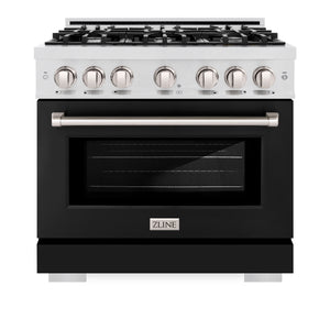 ZLINE - 36 in. 5.2 cu. ft. Select Gas Range with 6 Burner Cooktop and Convection Gas Oven in Satin Stainless Steel with Black Matte Door