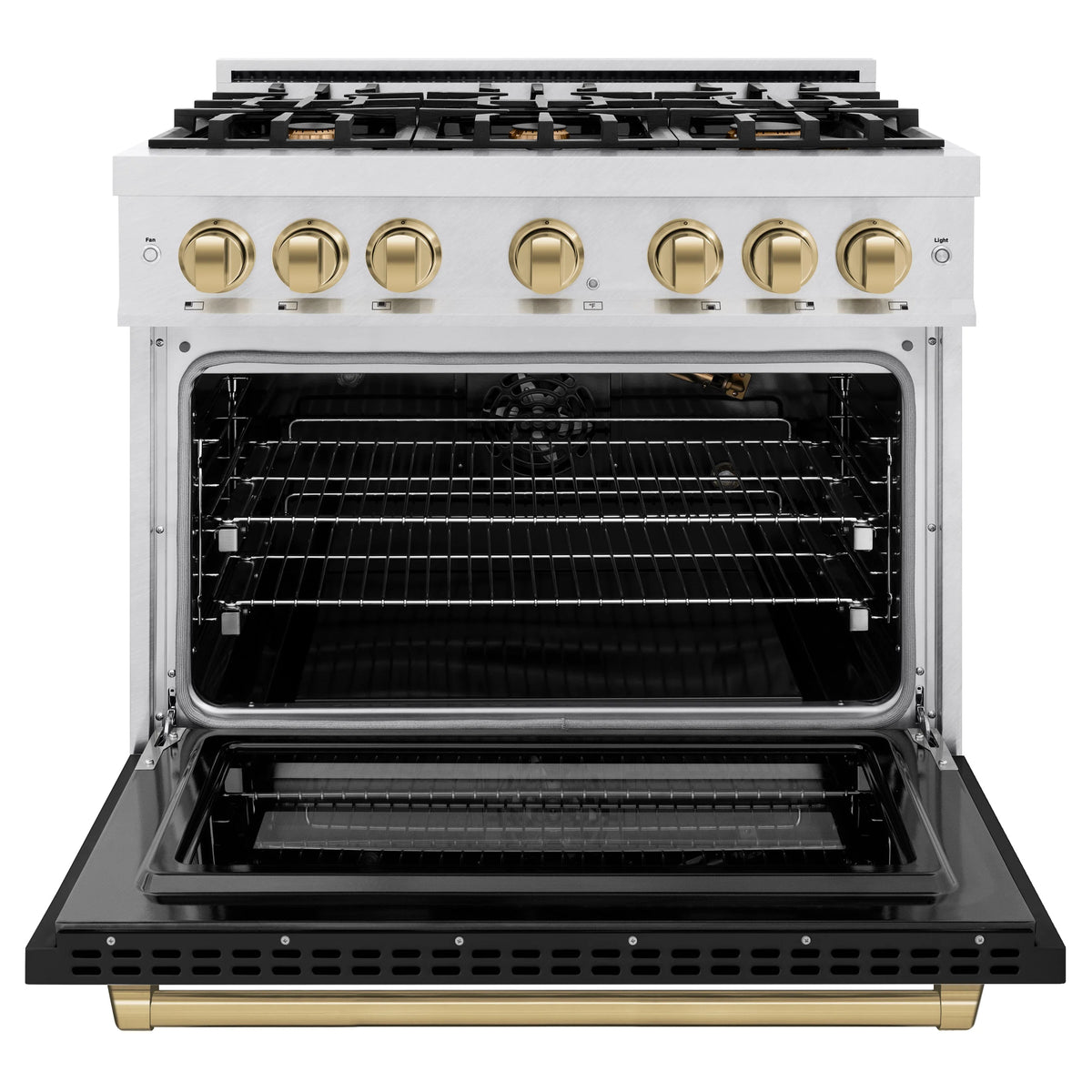 ZLINE - Autograph Edition 36 in. 5.2 cu. ft. Select Gas Range with 6 Burner Cooktop and Convection Gas Oven in Satin Stainless Steel with Black Matte Door and Champagne Bronze Accents