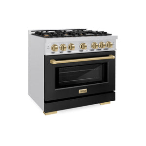 ZLINE - Autograph Edition 36 in. 5.2 cu. ft. Select Gas Range with 6 Burner Cooktop and Convection Gas Oven in Satin Stainless Steel with Black Matte Door and Champagne Bronze Accents