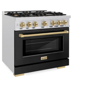 ZLINE - Autograph Edition 36 in. 5.2 cu. ft. Select Gas Range with 6 Burner Cooktop and Convection Gas Oven in Satin Stainless Steel with Black Matte Door and Champagne Bronze Accents