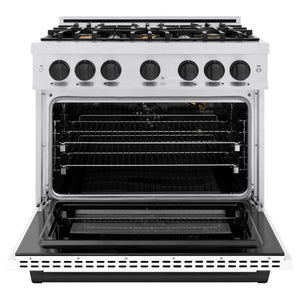 ZLINE - Autograph Edition 36 in. 5.2 cu. ft. Select Gas Range with 6 Burner Cooktop and Convection Gas Oven in Satin Stainless Steel with White Matte Door and Matte Black Accents