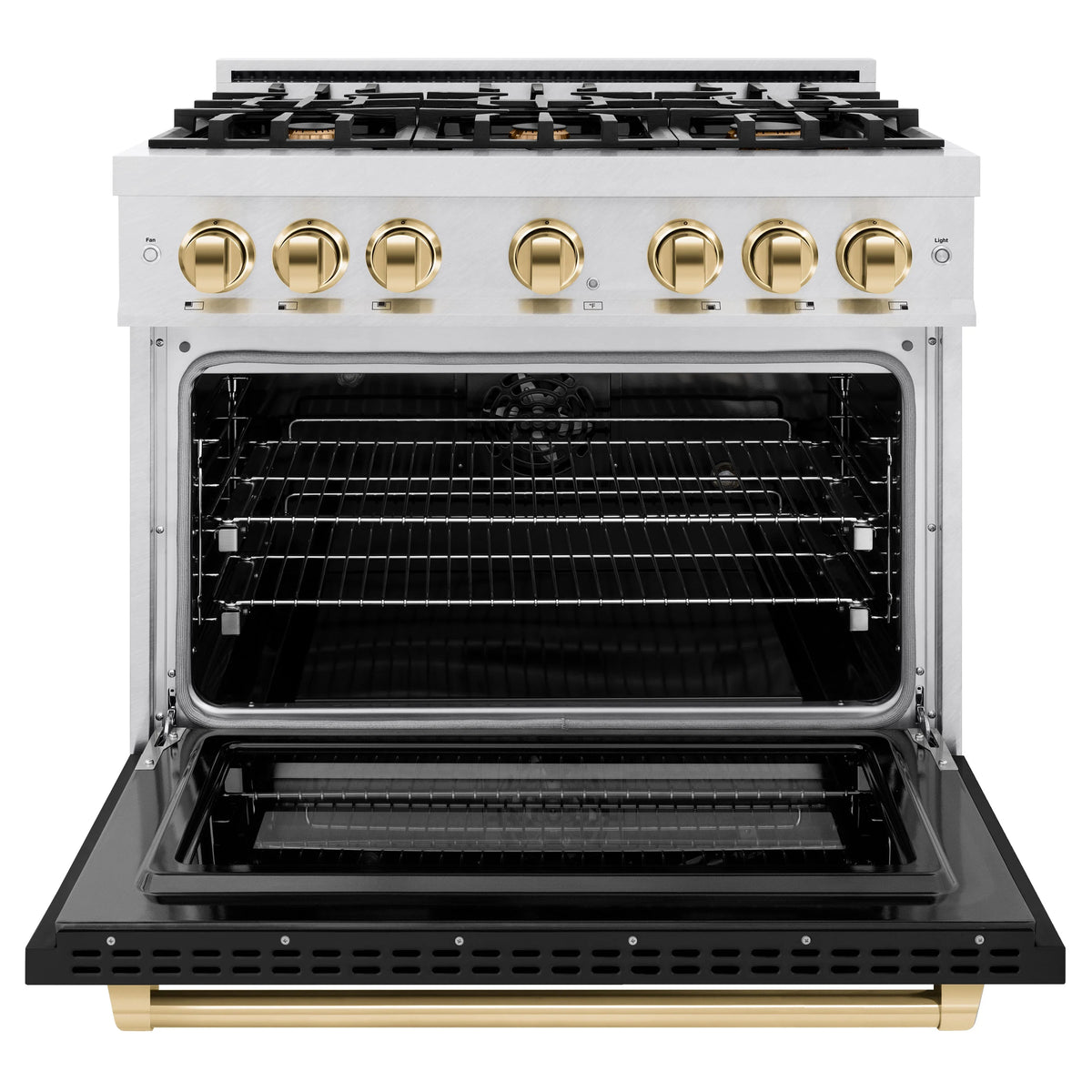 ZLINE - Autograph Edition 36 in. 5.2 cu. ft. Select Dual Fuel Range with 6 Burner Gas Cooktop and Electric Convection Oven in Satin Stainless Steel with Black Matte Door and Polished Gold Accents
