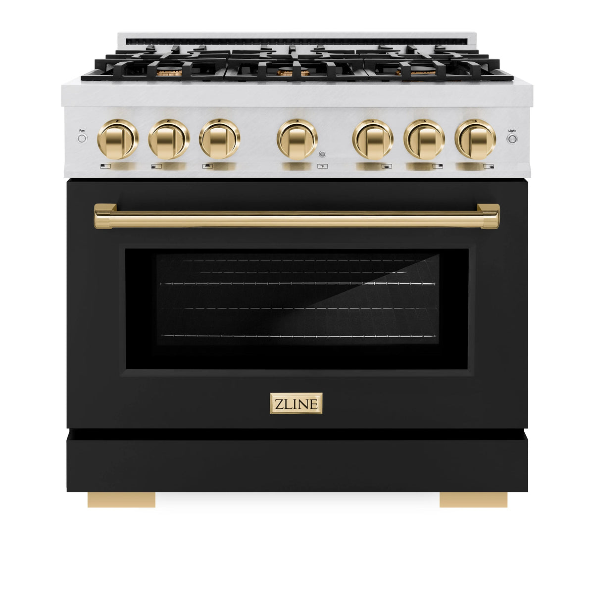 ZLINE - Autograph Edition 36 in. 5.2 cu. ft. Select Dual Fuel Range with 6 Burner Gas Cooktop and Electric Convection Oven in Satin Stainless Steel with Black Matte Door and Polished Gold Accents
