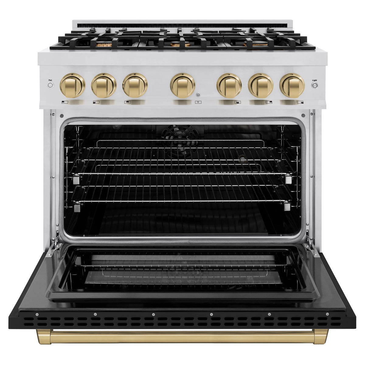 ZLINE - Autograph Edition 36 in. 5.2 cu. ft. Select Dual Fuel Range with 6 Burner Gas Cooktop and Electric Convection Oven in Stainless Steel with Black Matte Door and Champagne Bronze Accents