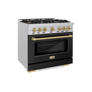 ZLINE - Autograph Edition 36 in. 5.2 cu. ft. Select Dual Fuel Range with 6 Burner Gas Cooktop and Electric Convection Oven in Stainless Steel with Black Matte Door and Champagne Bronze Accents
