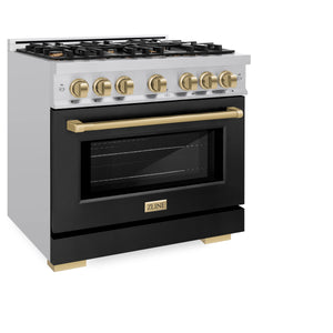 ZLINE - Autograph Edition 36 in. 5.2 cu. ft. Select Dual Fuel Range with 6 Burner Gas Cooktop and Electric Convection Oven in Stainless Steel with Black Matte Door and Champagne Bronze Accents
