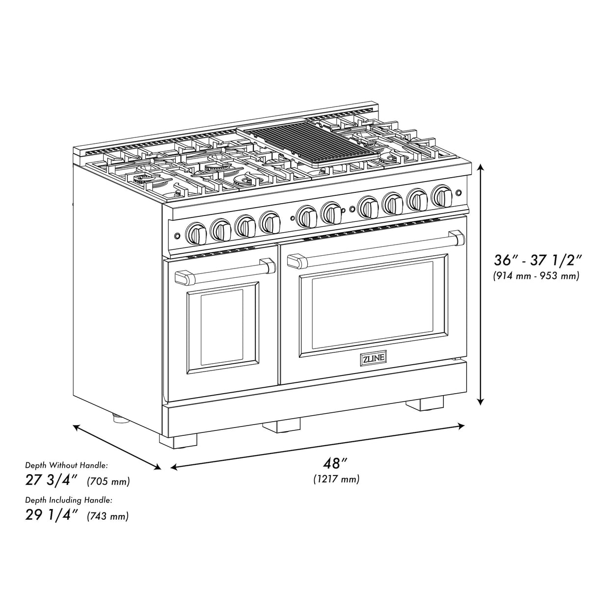 ZLINE - 48 in. 6.7 cu. ft. Select Double Oven Gas Range with 8 Burner Cooktop in Stainless Steel (HGR48)