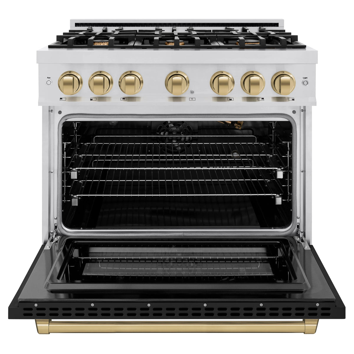 ZLINE - Autograph Edition 36 in. 5.2 cu. ft. Select Gas Range with 6 Burner Cooktop and Convection Gas Oven in Stainless Steel with Black Matte Door and Champagne Bronze Accents