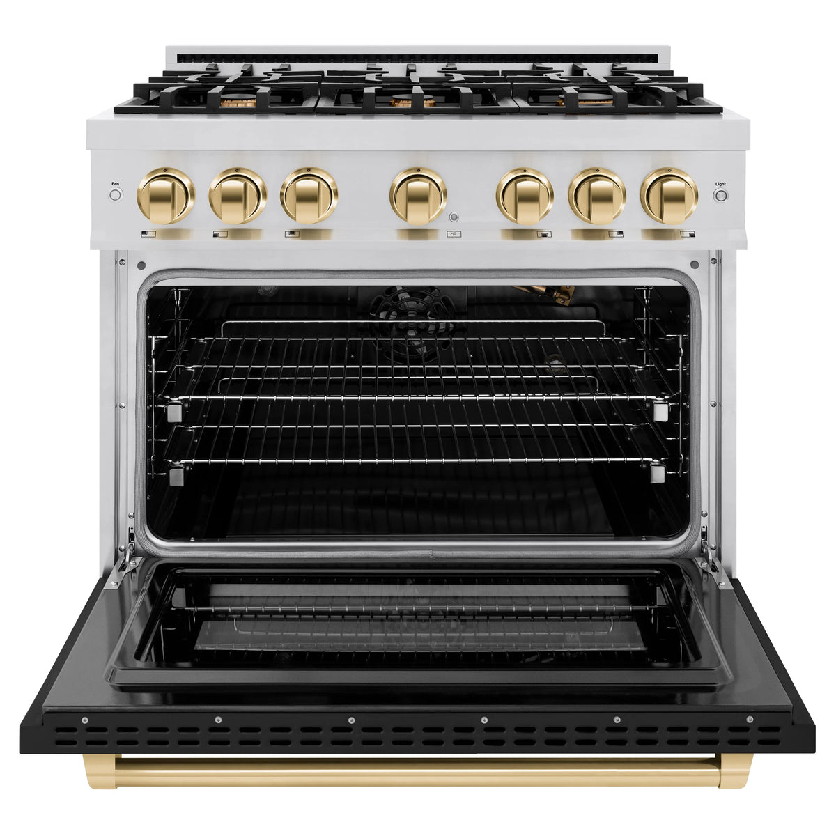 ZLINE - Autograph Edition 36 in. 5.2 cu. ft. Select Gas Range with 6 Burner Cooktop and Convection Gas Oven in Stainless Steel with Black Matte Door and Polished Gold Accents