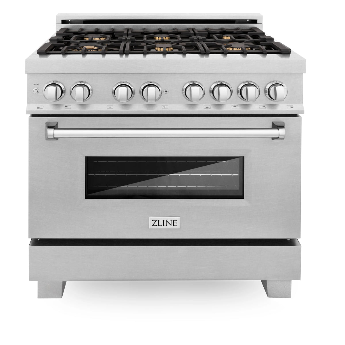 ZLINE - 36&quot; 4.6 cu. ft. Dual Fuel Range with Gas Stove and Electric Oven in Fingerprint Resistant Stainless Steel and Brass Burners (RAS-SN-BR-36)