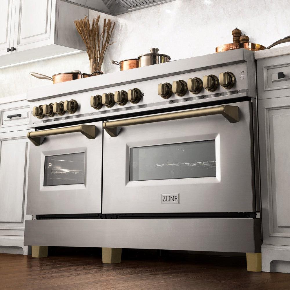 ZLINE - Autograph Edition 60 in. 7.4 cu. ft. Legacy Dual Fuel Range with 9 Burner Gas Cooktop and 2 Electric Convection Ovens in Stainless Steel and Champagne Bronze Accents