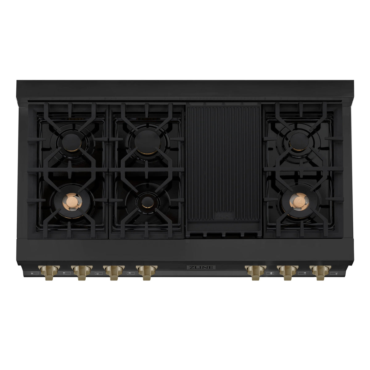 ZLINE - Autograph Edition 48&quot; Porcelain Rangetop with 7 Gas Burners in Black Stainless Steel and Champagne Bronze Accents (RTBZ-48-CB)