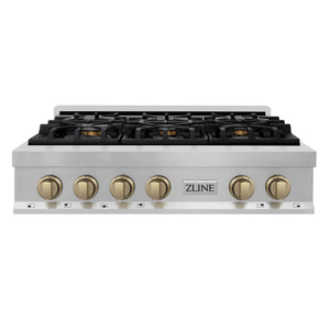 ZLINE Autograph Edition 36" Porcelain Rangetop with 6 Gas Burners in Stainless Steel and Champagne Bronze Accents (RTZ-36-CB)