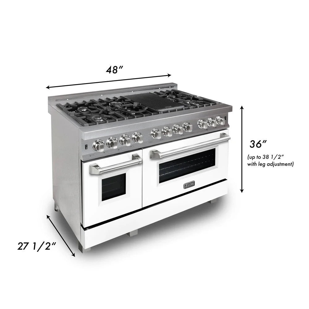 ZLINE - 48 in. Kitchen Package with Satin Stainless Steel Dual Fuel Range with White Matte Door and Convertible Vent Range Hood