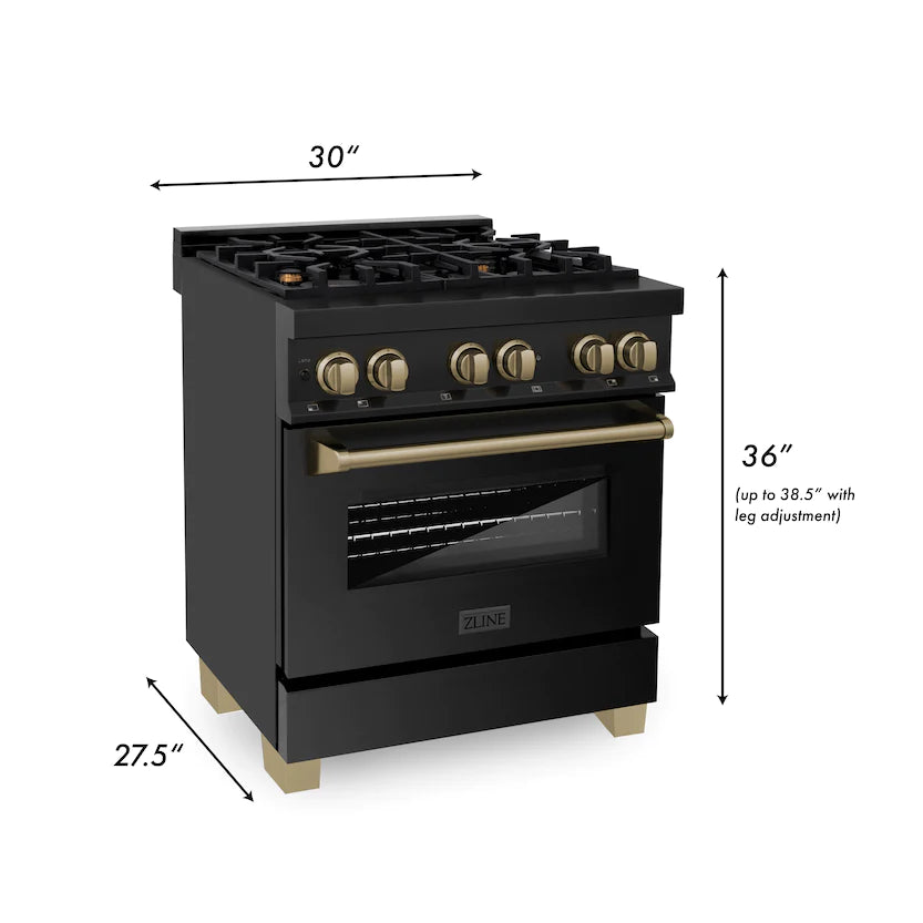 ZLINE - Autograph Edition 30&quot; 4.0 cu. ft. Dual Fuel Range, Gas Stove, Electric Oven in Black Stainless Steel with Champagne Bronze Accents