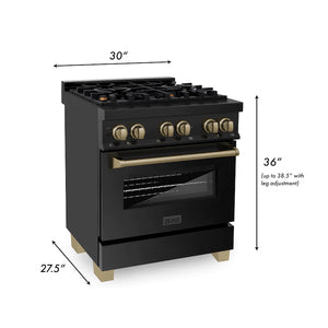 ZLINE Autograph Edition 30" 4.0 cu. ft. Dual Fuel Range, Gas Stove, Electric Oven in Black Stainless Steel with Champagne Bronze Accents