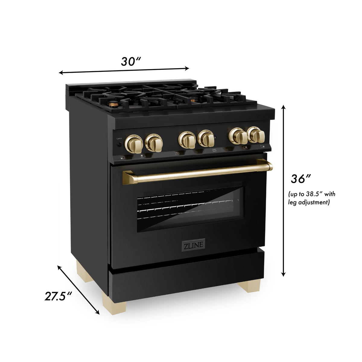 ZLINE - 30&quot; Autograph Edition Kitchen Package with Black Stainless Steel Dual Fuel Range, Range Hood, Dishwasher and Refrigeration with Gold Accents