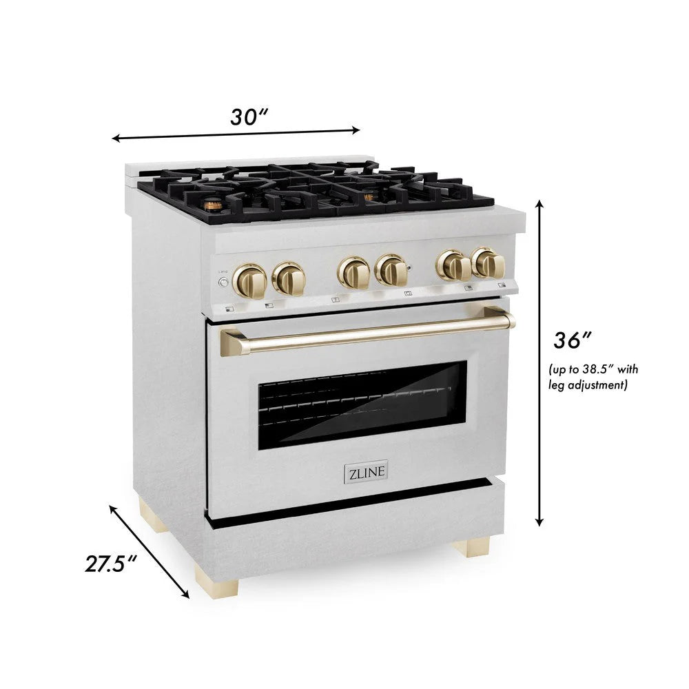 ZLINE - Autograph Edition 30 in. 4.0 cu. ft. Legacy Dual Fuel Range with 4 Burner Gas Cooktop and Electric Convection Oven in Satin Stainless Steel and Polished Gold Accents