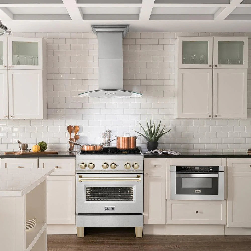 ZLINE - Autograph Edition 30 in. 4.0 cu. ft. Legacy Dual Fuel Range with 4 Burner Gas Cooktop and Electric Convection Oven in Satin Stainless Steel and Polished Gold Accents