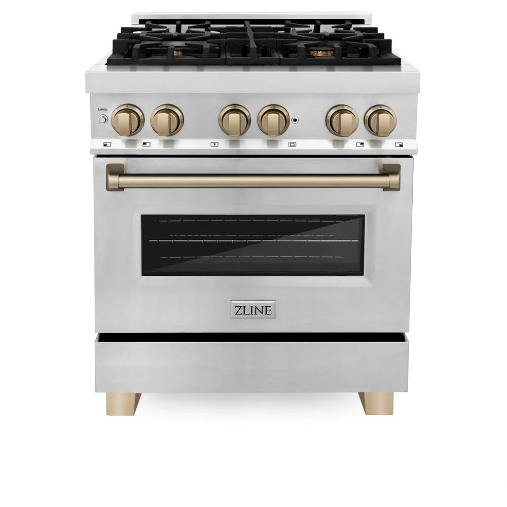 ZLINE - Autograph Edition 30 in. 4.0 cu. ft. Legacy Dual Fuel Range with 4 Burner Gas Cooktop and Electric Convection Oven in Stainless Steel and Champagne Bronze Accents